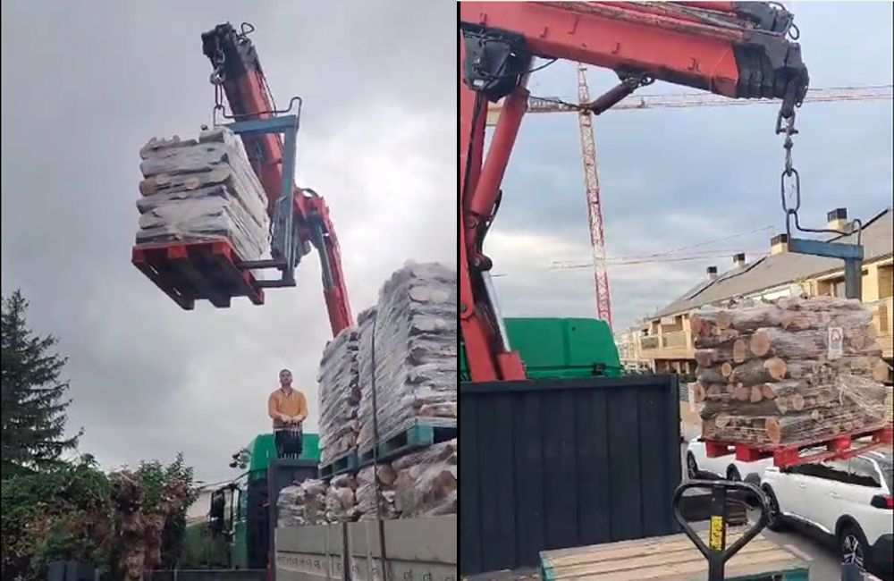 entrega de leña de encina con camión grúa en Madrid